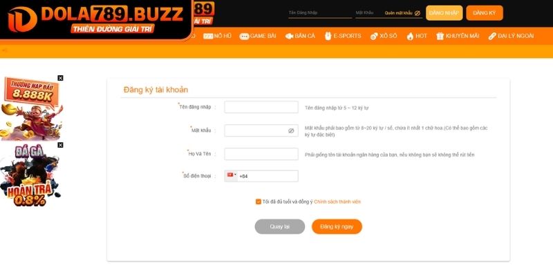 Điền thông tin đăng ký Dola789
